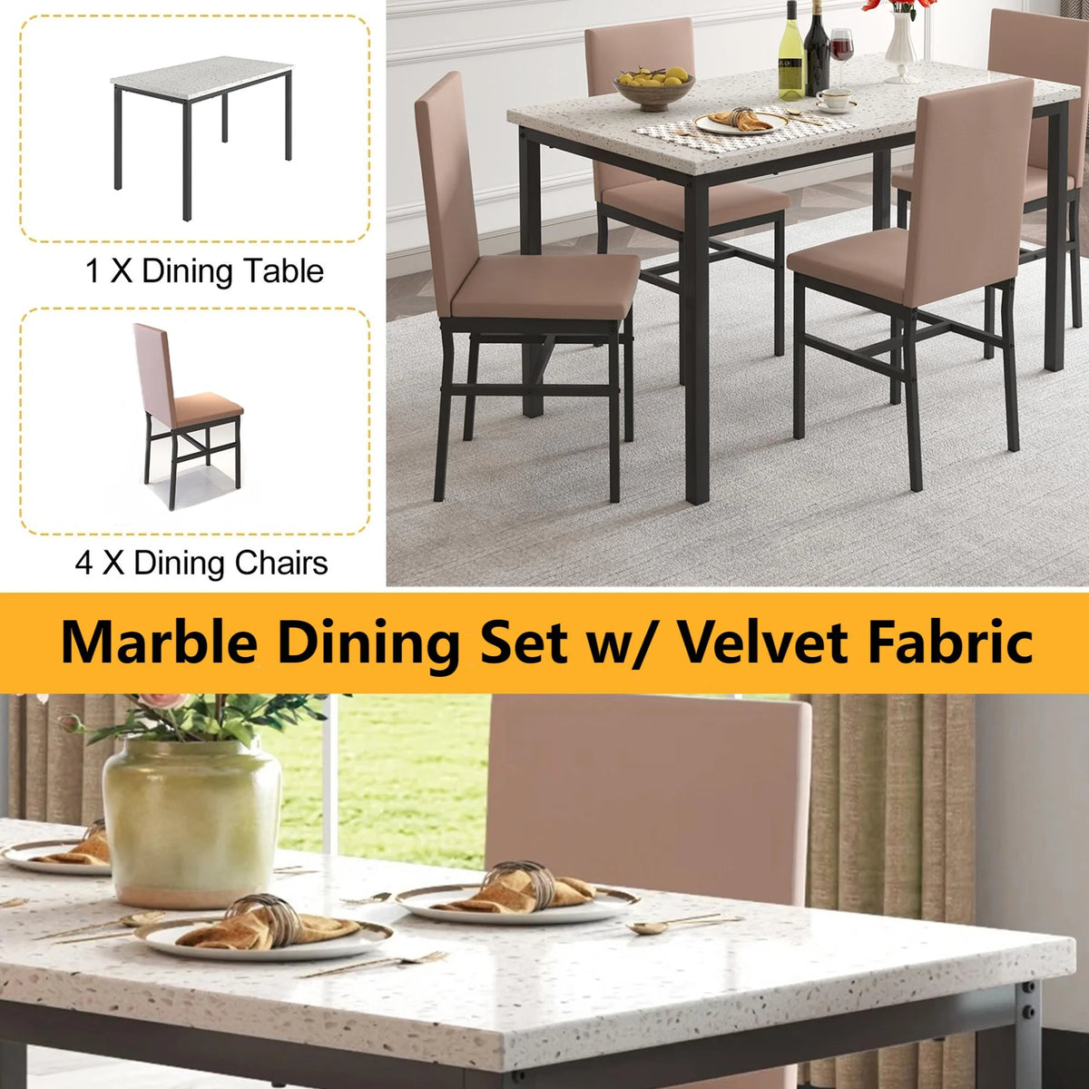 5 Piece Dining Set, Modern Dining Table and Chairs Set for 4, Counter Height Bar Table Set, Modern Pub Table with 4 Velvet Fabric Cushioned Stools, Faux Marble Dining Table & Stools Set, D9297