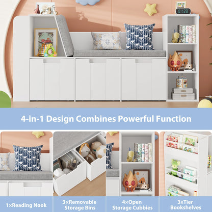 Homfa 4-in-1 Kids Toy Storage Cabinet, Bookshelf with 3 Drawers, Sturdy Toy Organizer with Reading Nook for Kids Room Playroom, Gray