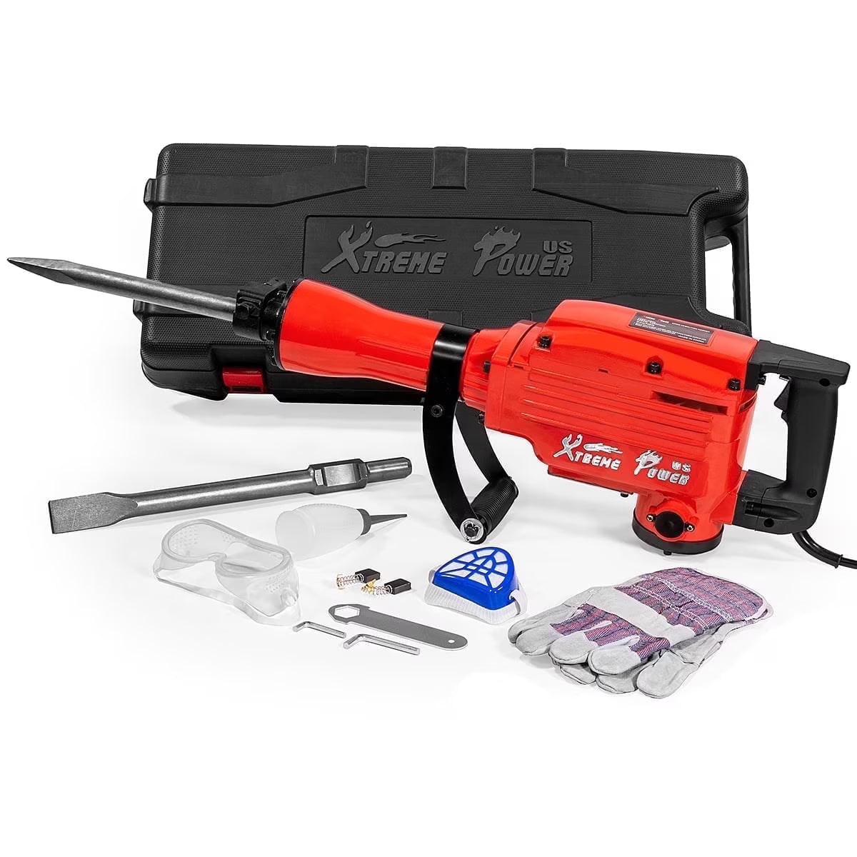 XtremepowerUS Demolition Jack Hammer Heavy Duty, 3600W Electric Jackhammer 1900BPM Power Drill Concrete Breaker Bar Point & Chisel Bits Chisel Set