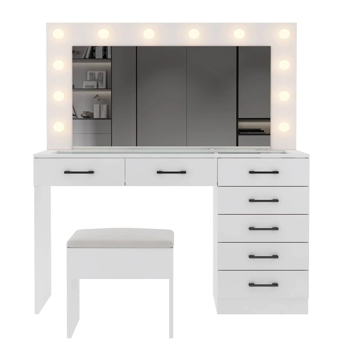Ktaxon Large Makeup Vanity, Vanity Table Set w/ Visible Glass Top w/ Charging Station, White