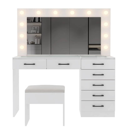 Ktaxon Large Makeup Vanity, Vanity Table Set w/ Visible Glass Top w/ Charging Station, White