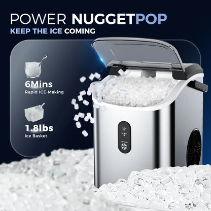 Simzlife Nugget Ice Maker Countertop, 34.9lbs per Day Chewable Pebble Nugget Ice Machine with Touch Screen for Home, Kitchen, Office, Stainless Steel, Black