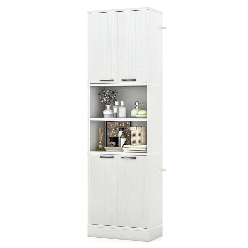 Costway 75" Tall Bathroom Storage Cabinet with 4 Doors & 2 Open Compartments Freestanding White