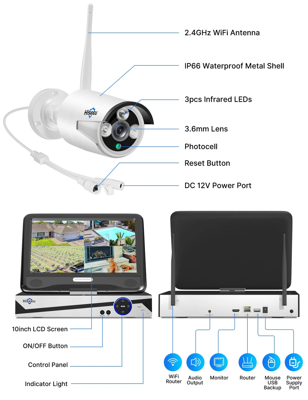 Hiseeu Security Camera System with 10.1'' Monitor 10CH 1TB Hard Drive NVR, Wireless Wifi Cameras for Recording and Remote View, Home Security Camera System