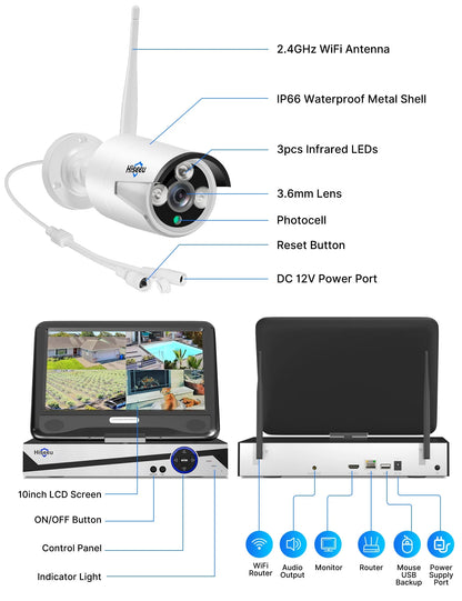 Hiseeu Security Camera System with 10.1'' Monitor 10CH 1TB Hard Drive NVR, Wireless Wifi Cameras for Recording and Remote View, Home Security Camera System