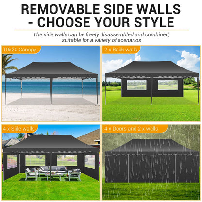 SANOPY 10' x 20' Pop up Canopy Party Tent with 6 Removable Sidewalls, Wave Eave Outdoor Waterproof Patio Gazebo Tent with Carry Bag, Backyards Camping Picnics, Black