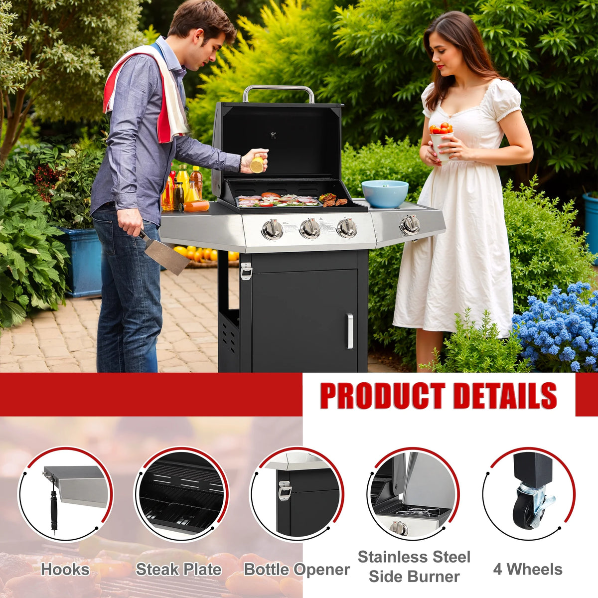 4-Burner Gas Grill with 4 Universal Wheels & Bottle Opener, 40000BTU Outdoor Grill with Side Table for Camping, Black & Sliver