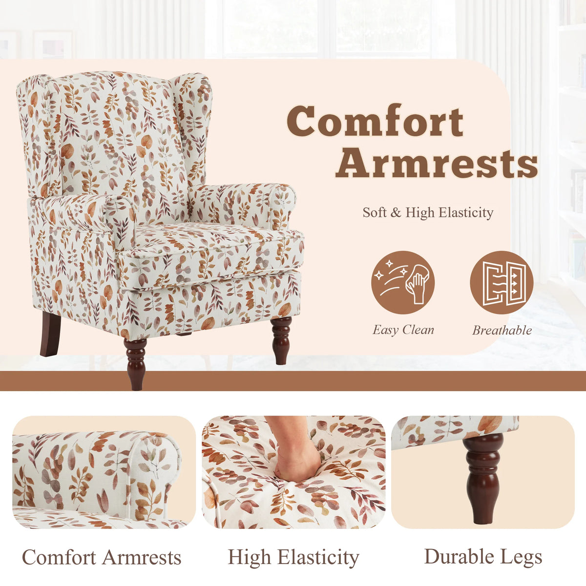 EROMMY Upholstered Accent Chair, Floral Print Fabric Armchair