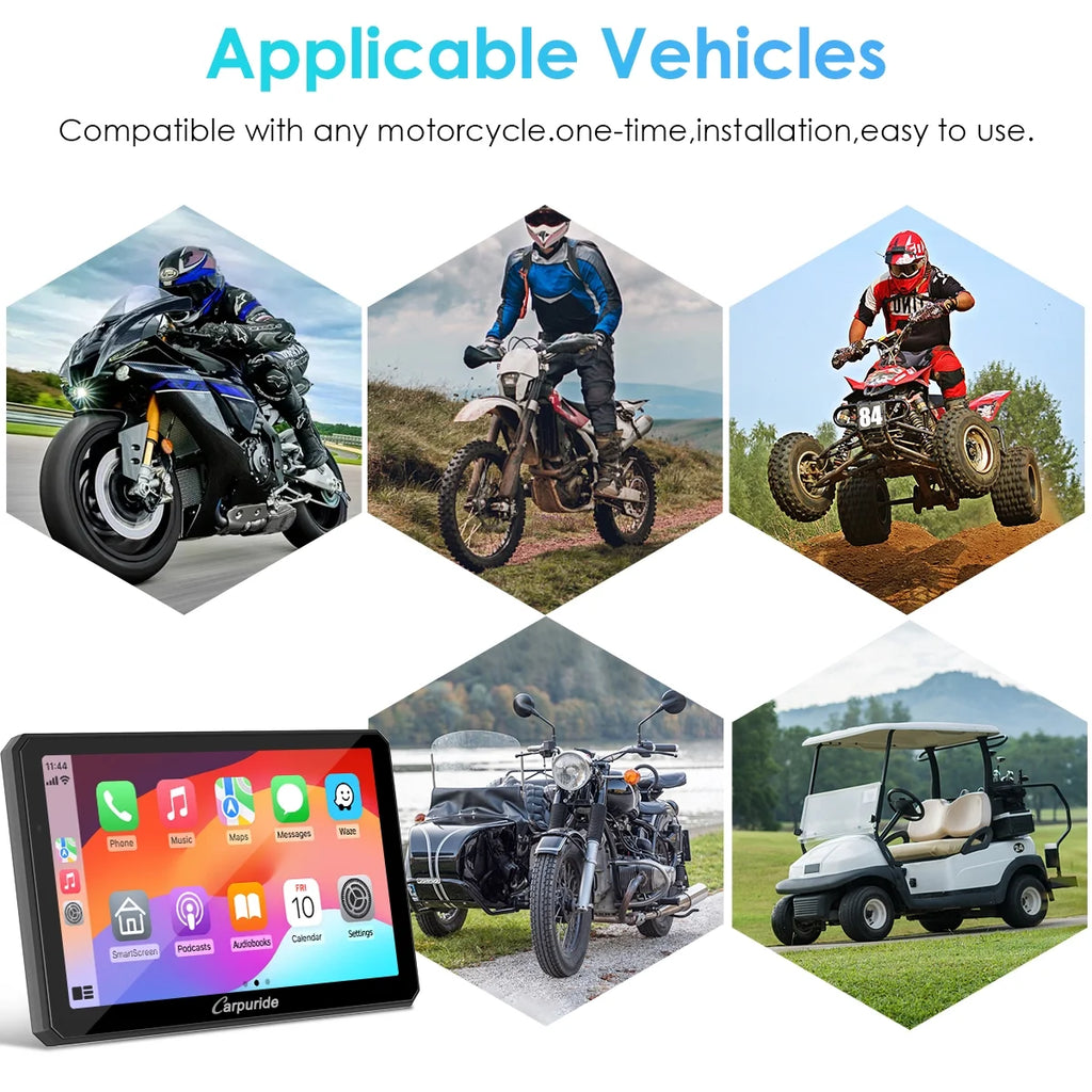 Carpuride Motorcycle HD Dual 1080P Dash Cam, Wireless Apple CarPlay & Android Auto Wire Control, Horizontal  Vertical Rotation 7" Touch Screen (712D)