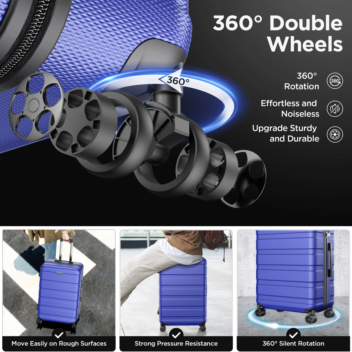 Famistar Hardside Luggage Suitcase 4 Piece Set with 360° Double Spinner Wheels Integrated TSA Lock, 14” Travel Case, 20" Carry-On Luggage, 24" Checked Luggage and 28" Checked Luggage, Blue