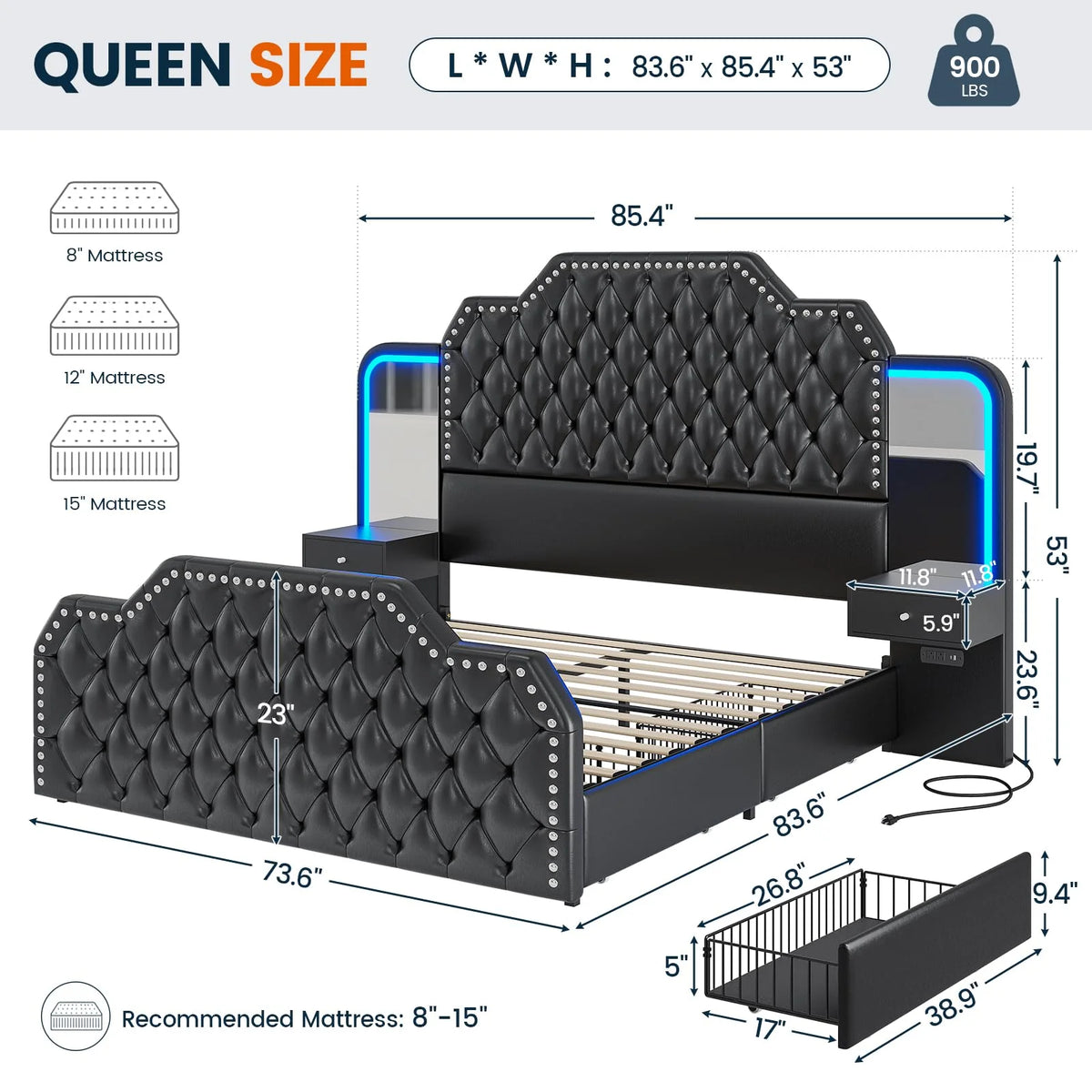 Queen Bed Frame with 2 Nighstands, Power Outlets and 4 Drawers, Upholstered Bed with Vanity Tables and Mirrors, Modern Velvet Tufted Platform Bed with Headboard & Footboard, Black