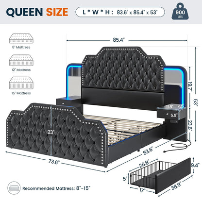 Queen Bed Frame with 2 Nighstands, Power Outlets and 4 Drawers, Upholstered Bed with Vanity Tables and Mirrors, Modern Velvet Tufted Platform Bed with Headboard & Footboard, Black