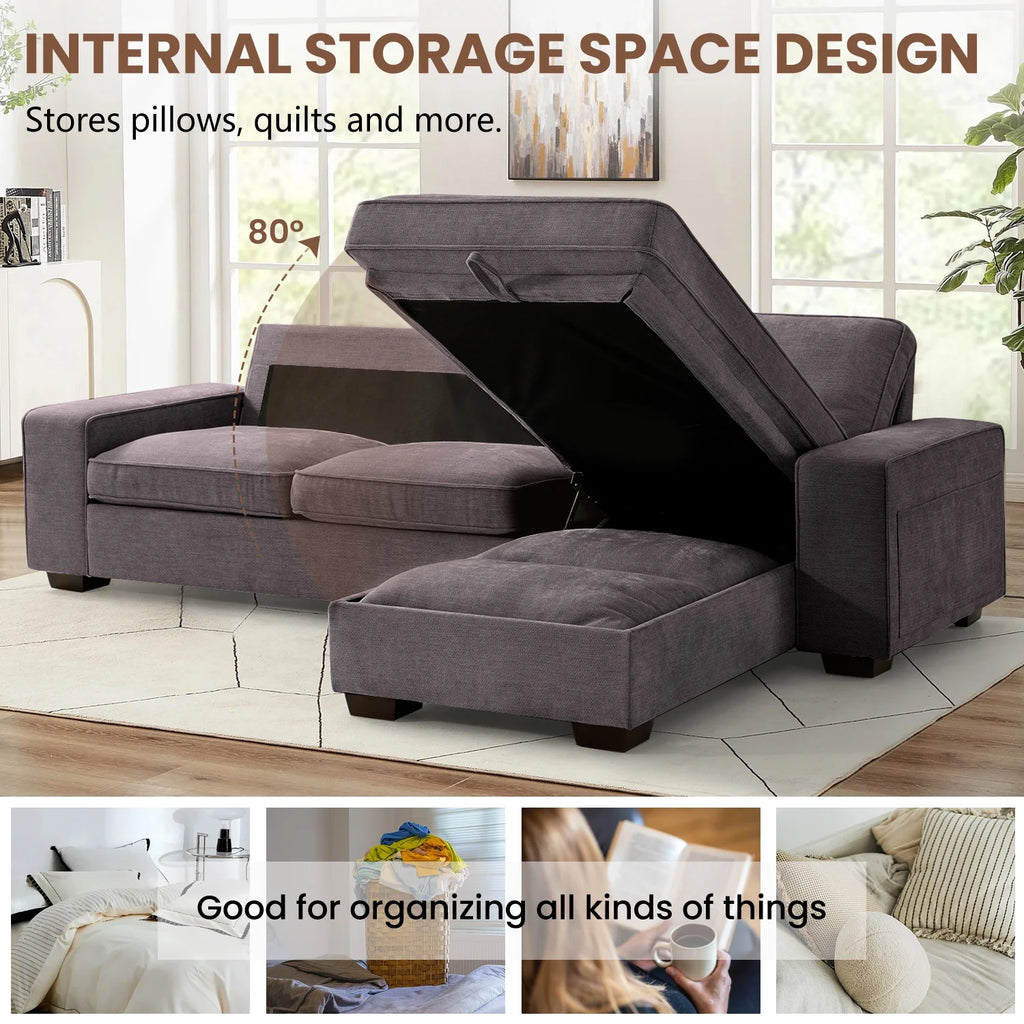 ASHOMELI 99'' Convertible Sectional Sofa,L Shaped Couch,Multi-Functional Reversible Sofa with USB and Type-C Charging Ports, Storage Space, Breathable Fabric