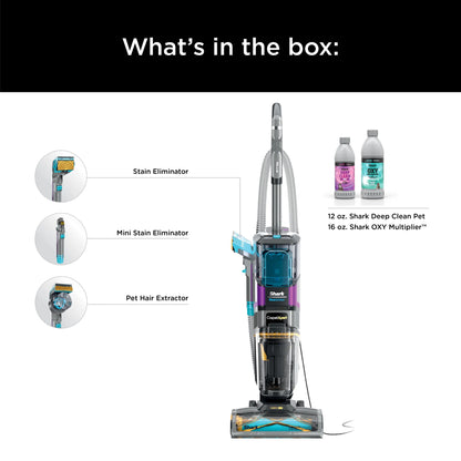 Shark CarpetXpert 2-in-1 Upright Deep Carpet Corded Vacuum, with HairPro StainStriker Technology, Built-in Spot & Stain Eliminator, with 12oz Deep Clean Pro and 16oz Oxy Multiplier, EX300 Gray