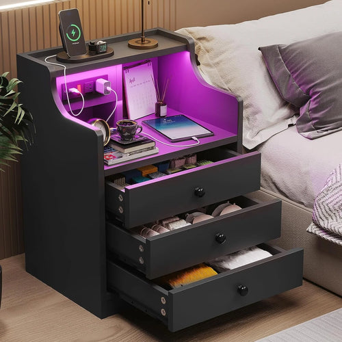 Nightstand with 3 Drawers and Shelves,Night Stand with LED Lights and USB Port Charging Station,LED Bedside Table with Hutch,Black