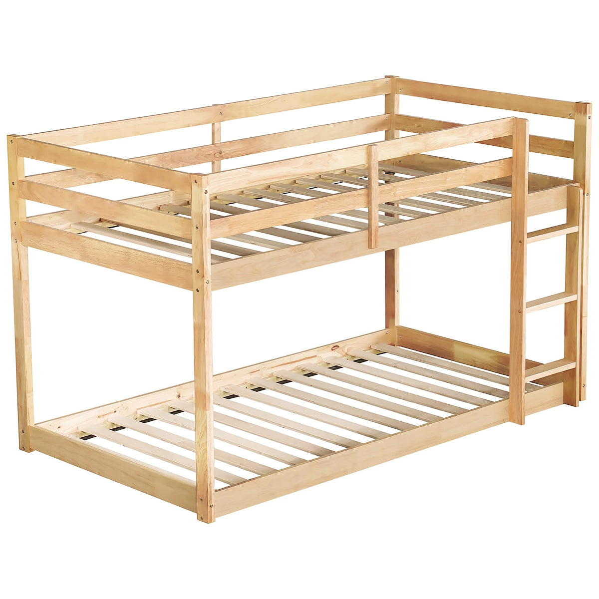 Twin Over Twin Floor Bunk Bed, UHOMEPRO Solid Wood Low Bunk Bed with Safety Rail, Ladder, Heavy Duty Bunk Beds, Space-Saving Bedroom Dorm Furniture, Gray