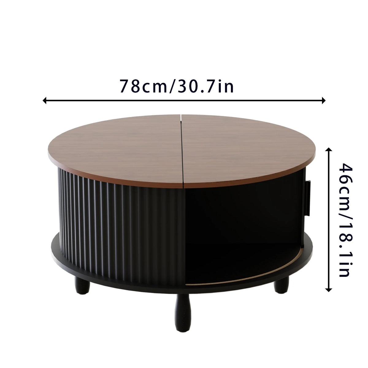 RUMLIVE Round Coffee Table with Storage, 30.7" Modern Coffee Table with 360�� Curved Sliding Door, Fluted Wood Coffee Table with Footpads, Round Center Table for Living Room, Black