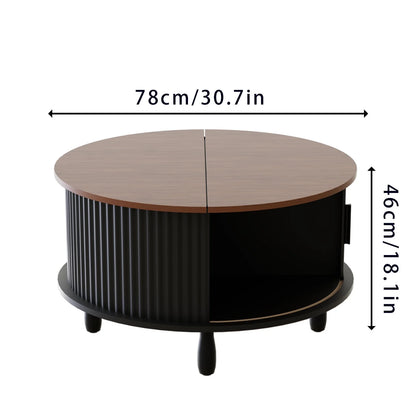RUMLIVE Round Coffee Table with Storage, 30.7" Modern Coffee Table with 360�� Curved Sliding Door, Fluted Wood Coffee Table with Footpads, Round Center Table for Living Room, Black