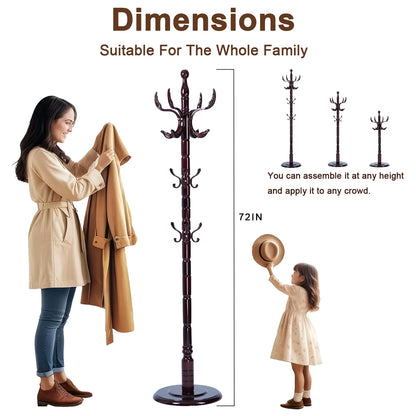 Coat Rack Freestanding, Hall Tree with 11 Hooks, Heavy Duty Wooden Coat Tree Stand, Adjustable Height, Sturdy Base for Bedroom Hallway Office - Load 270lbs