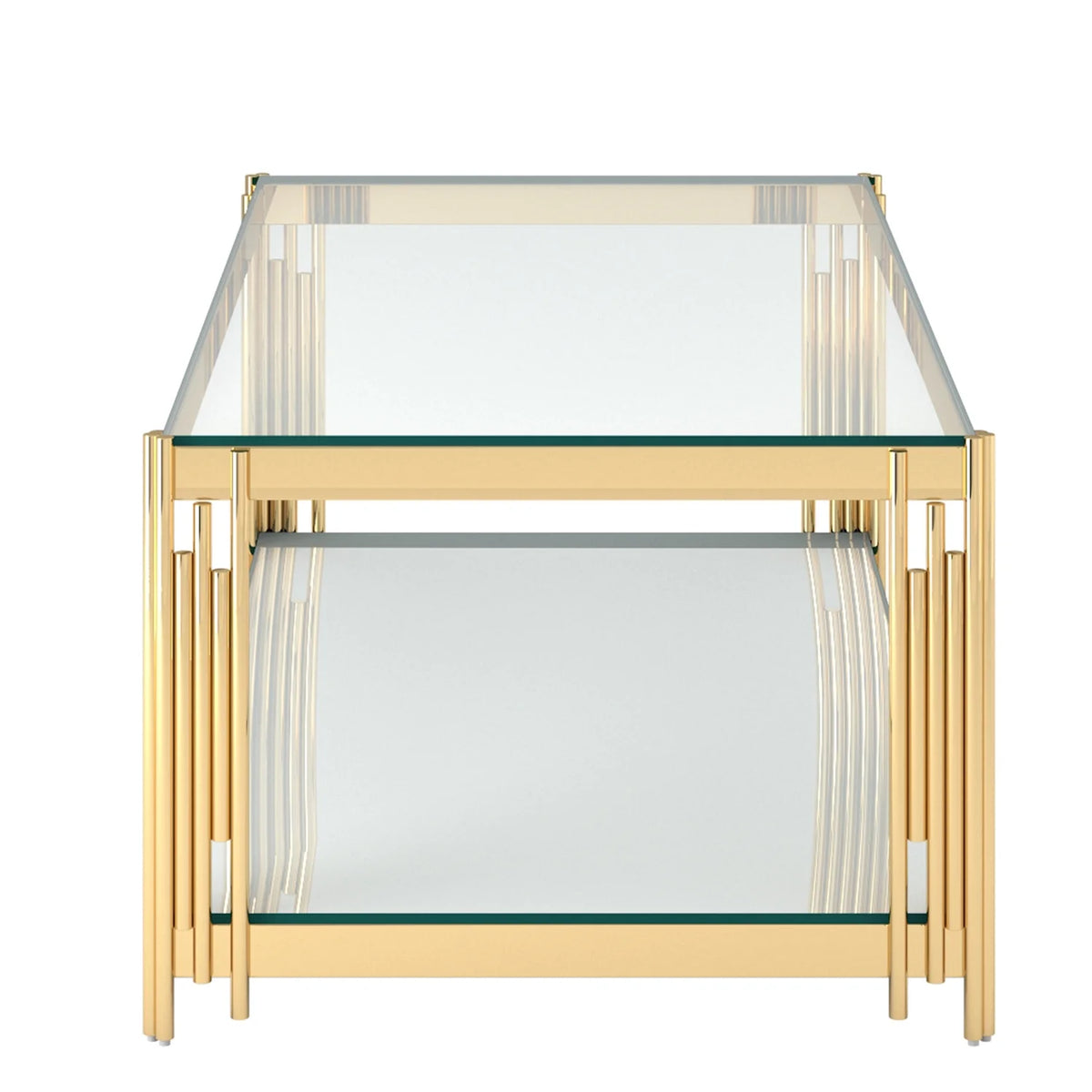 Estrel Glass Top Contemporary Metal Coffee Table with Lower Shelf in Gold