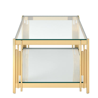 Estrel Glass Top Contemporary Metal Coffee Table with Lower Shelf in Gold