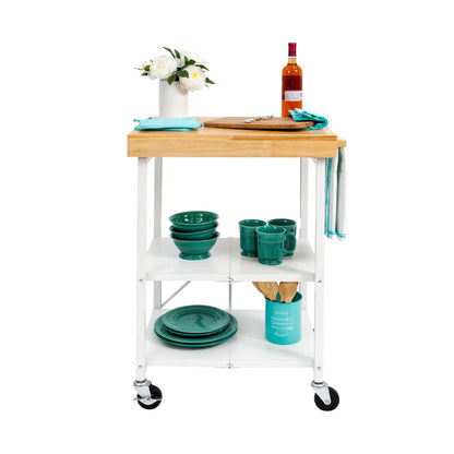 Origami Foldable Wheeled Portable Solid Wood Top Kitchen Island Bar Cart