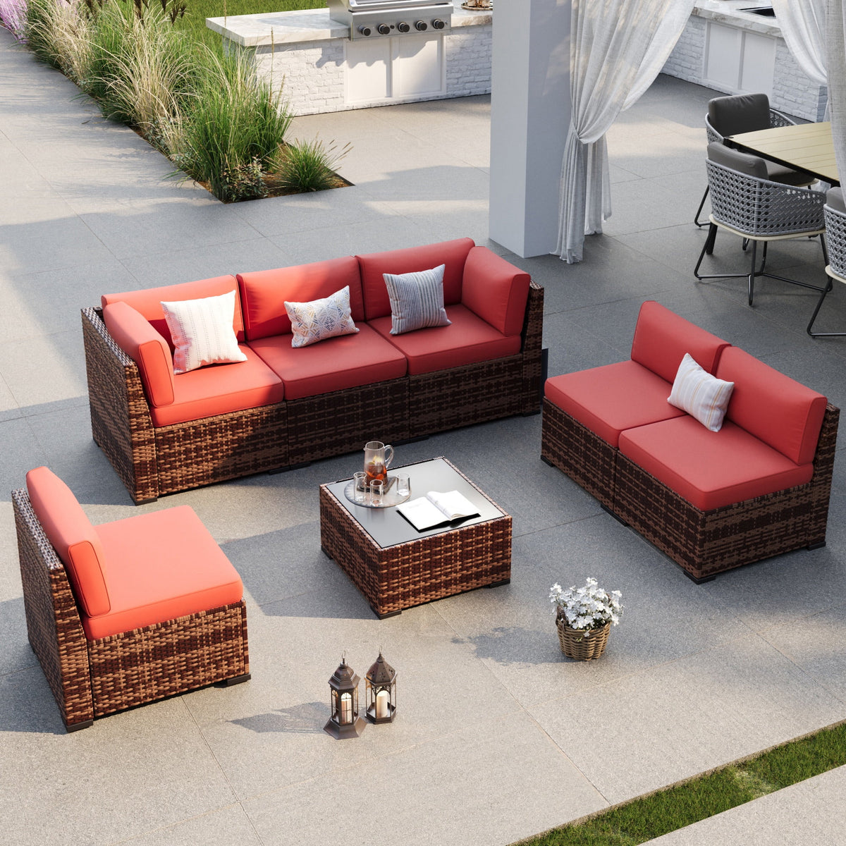 ELPOSUN 7 Pieces Patio Furniture Set, Outdoor Furniture Sectional Rattan Sofa for Backyard Garden Dark Grey