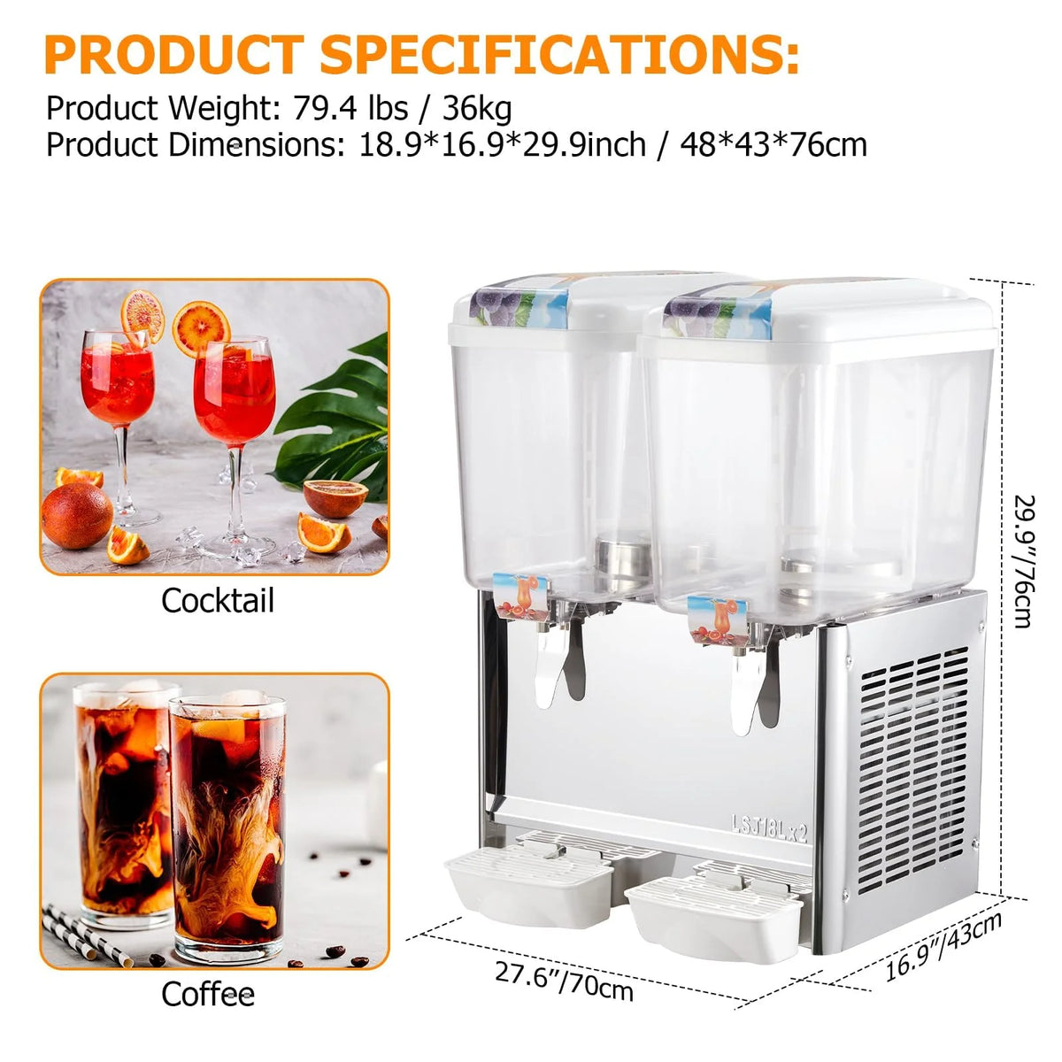 TROPOW Commercial Beverage Dispenser, 2 Tanks ,Juice Dispenser, 380W Stainless Steel Food Grade Lemonade Dispenser With Thermostat Controller, Drink Dispensers for Parties Restaurant