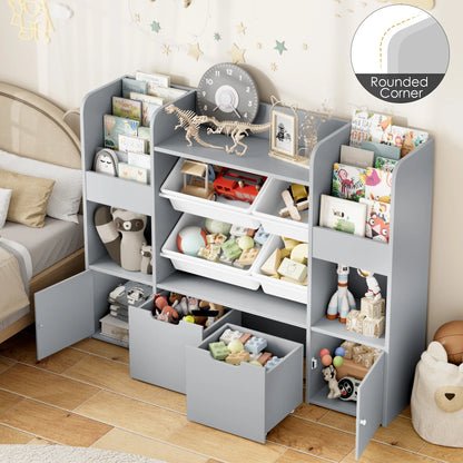 Hiphuta Kids Bookcase Toy Storage Organizer, Wooden Toy Organizer of 4 Bins& 2 Removable Drawers for Home Bedroom, Kids Bookshelf Toy Box with Book Rack, White