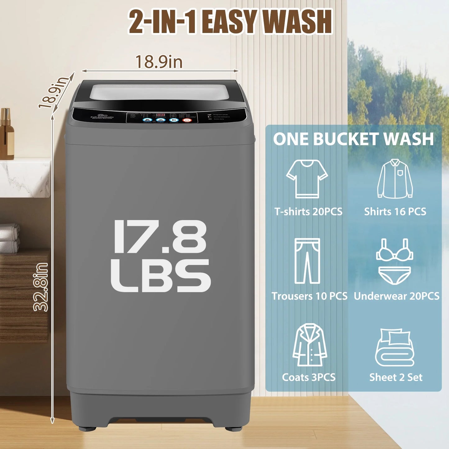 Veeboto 17.8lb Full Automatic Washing Machine, Compact Washing Machine with Drain Pump, Power Motor 20-Mins Quick Wash, LED Display, Washer and Dryer Combo Low Noise for Apartment Dorm Household