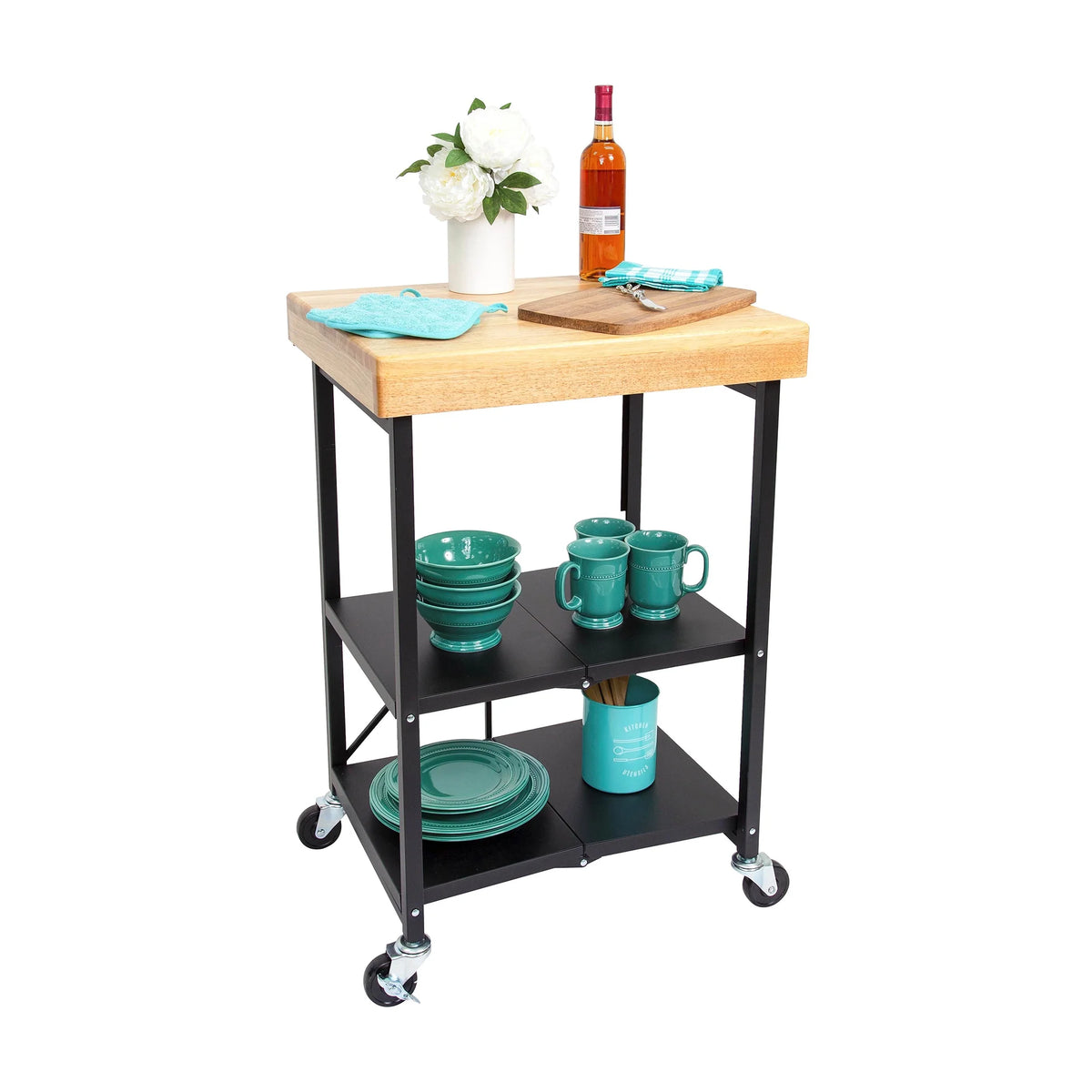 Origami Foldable Wheeled Portable Solid Wood Top Kitchen Island Bar Cart