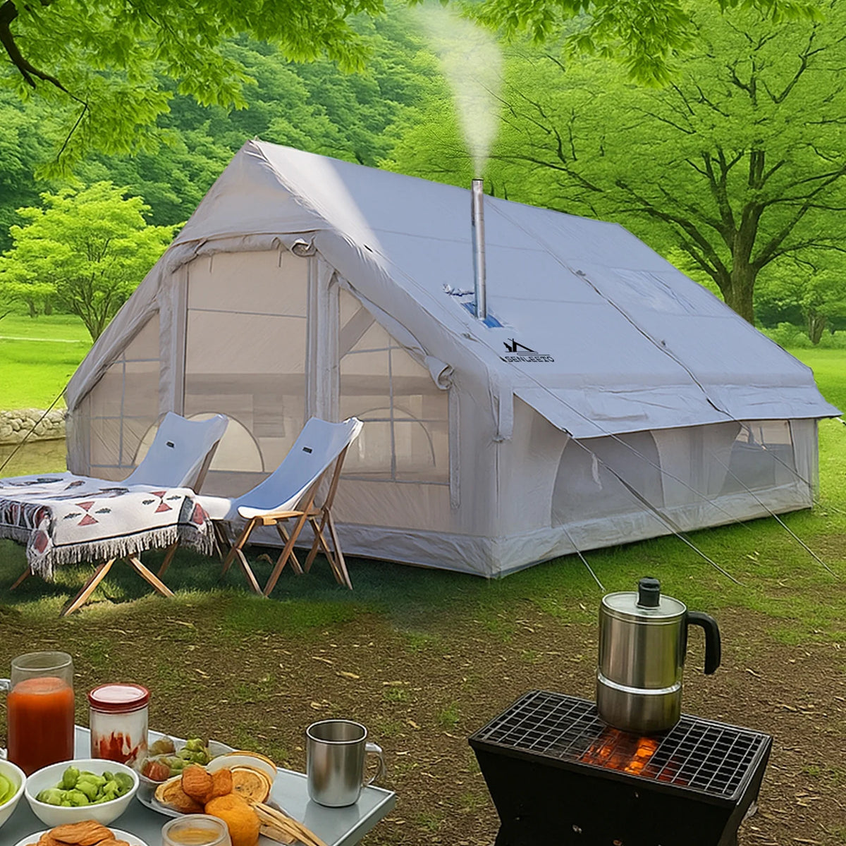 9.8' x 7' Inflatable Camping Tent,4 Season Blow up Tents for Camping, 4-6 Person Inflatable Tent with Stove Jack,Air Tents,Glamping Tent,Waterproof Luxury House with Mesh Window