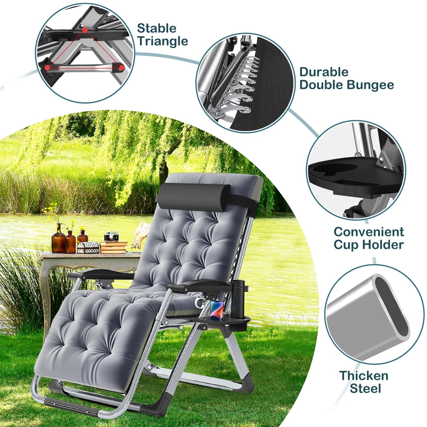 NAIZEA 2 Pack Zero Gravity Chair, Foldable Portable Lawn Recliner with Cushion, Headrest, Cup Holder, Black