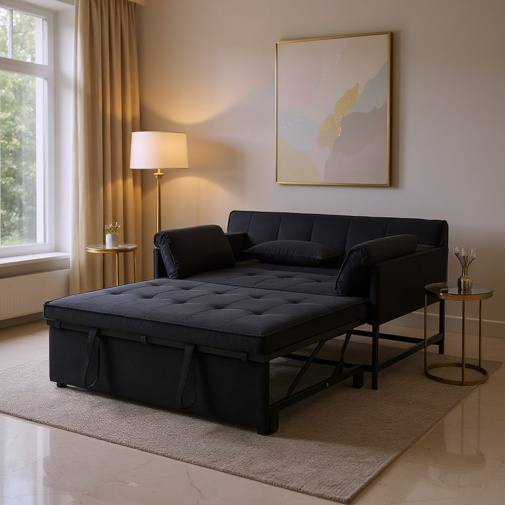 Gewnee 46" Velvet Sleeper Sofa Reclining Convertible Futon Couch Bed for Living Room, Guest & Small Spaces(Black)
