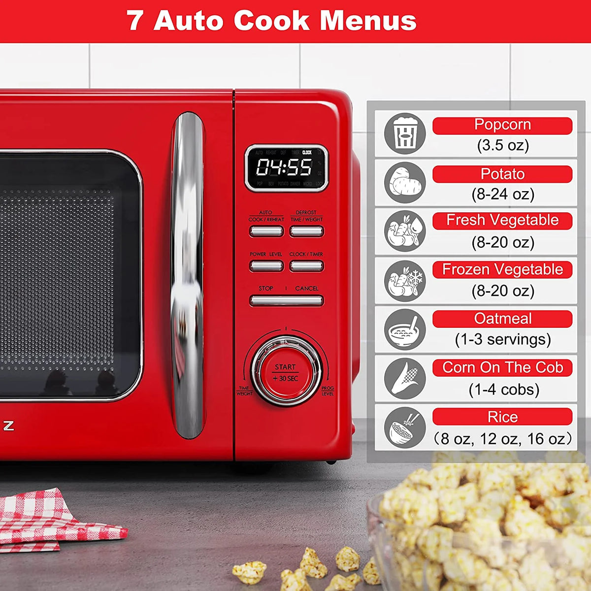 Galanz GLCMKZ09RDR09 Retro Countertop Microwave Oven with Auto Cook & Reheat, Defrost, Quick Start Functions, Easy Clean with Glass Turntable, Pull Handle, 0.9 cu ft, Red