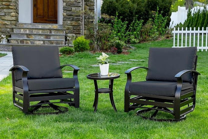 ALAULM 3 Piece Patio Outdoor Aluminum Metal Swivel Rocking Chair with 1 Coffee Table and 2 Khaki Padded Cushions Outdoor Metal Swivel Rocking Chair Furniture Conversation Set for Porch Garden