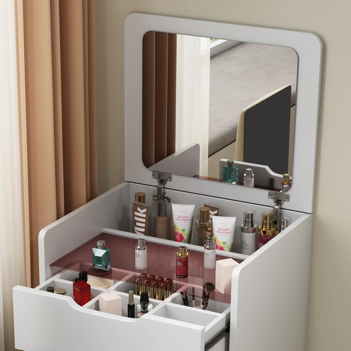 Miniyam Vanity Desk with Lighted Flip Mirror, Drawers & Stool, Makeup Table for Adults, Walnut