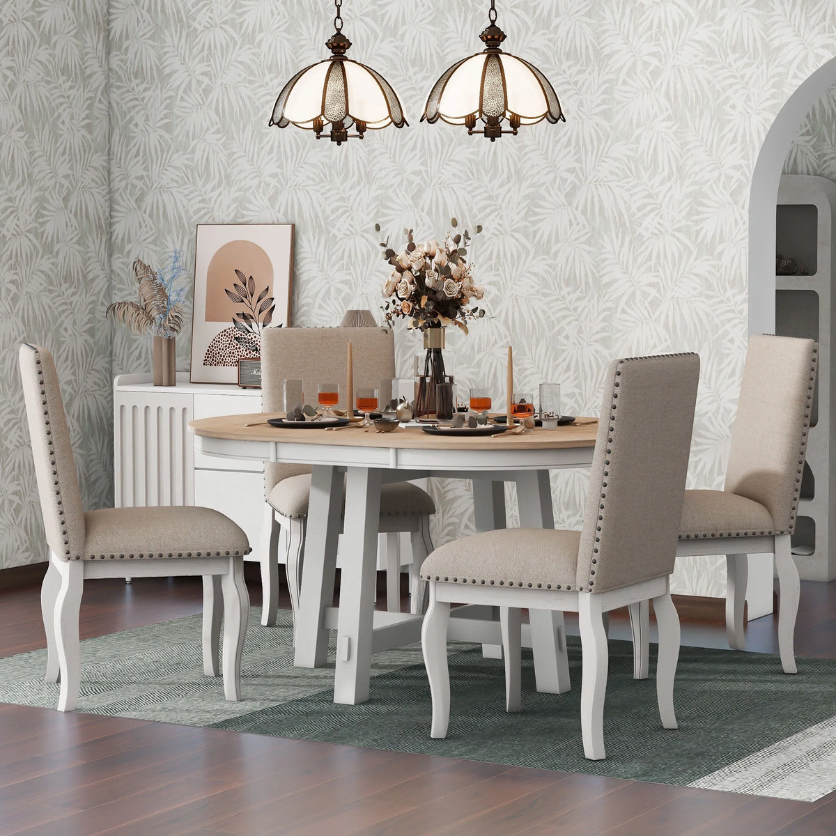 Harper & Bright Designs Round Extendable Dining Table Set for 4, 5 Piece Farmhouse Wood Dining Table Set with 4 Upholstered Dining Chairs, Natural Wood Wash