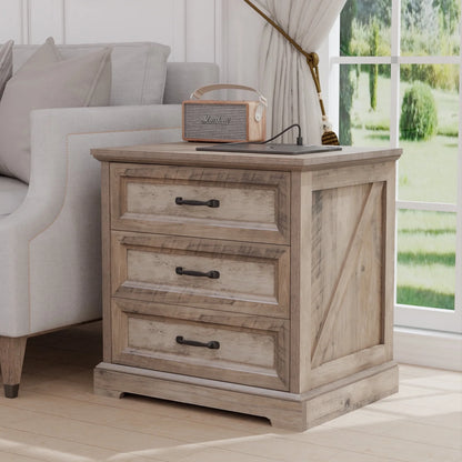 Hommpa Farmhouse 3 Drawers Nightstand with Charging Station, Rustic Wood Night Stand with Drawers for Bedroom, Vintage Bedside Table Small Dresser Chest of Drawers for Living Room, White