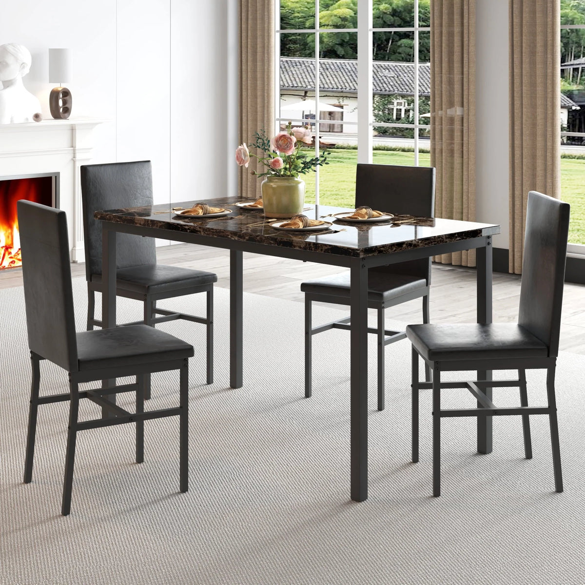 uhomepro 5-Piece Dining Room Table Set for 4 Person, Elegant Dining Table Set, Home Kitchen Table with 4 PU Leather Chairs and Metal Dining Room Modern Furniture