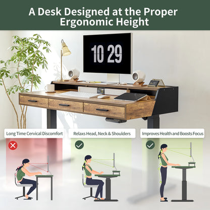 FEZIBO Electric Standing Desk with 3 Drawers & Monitor Shelves, 48 x 26 inches Sit Stand Home Office Desk, Rustic Brown