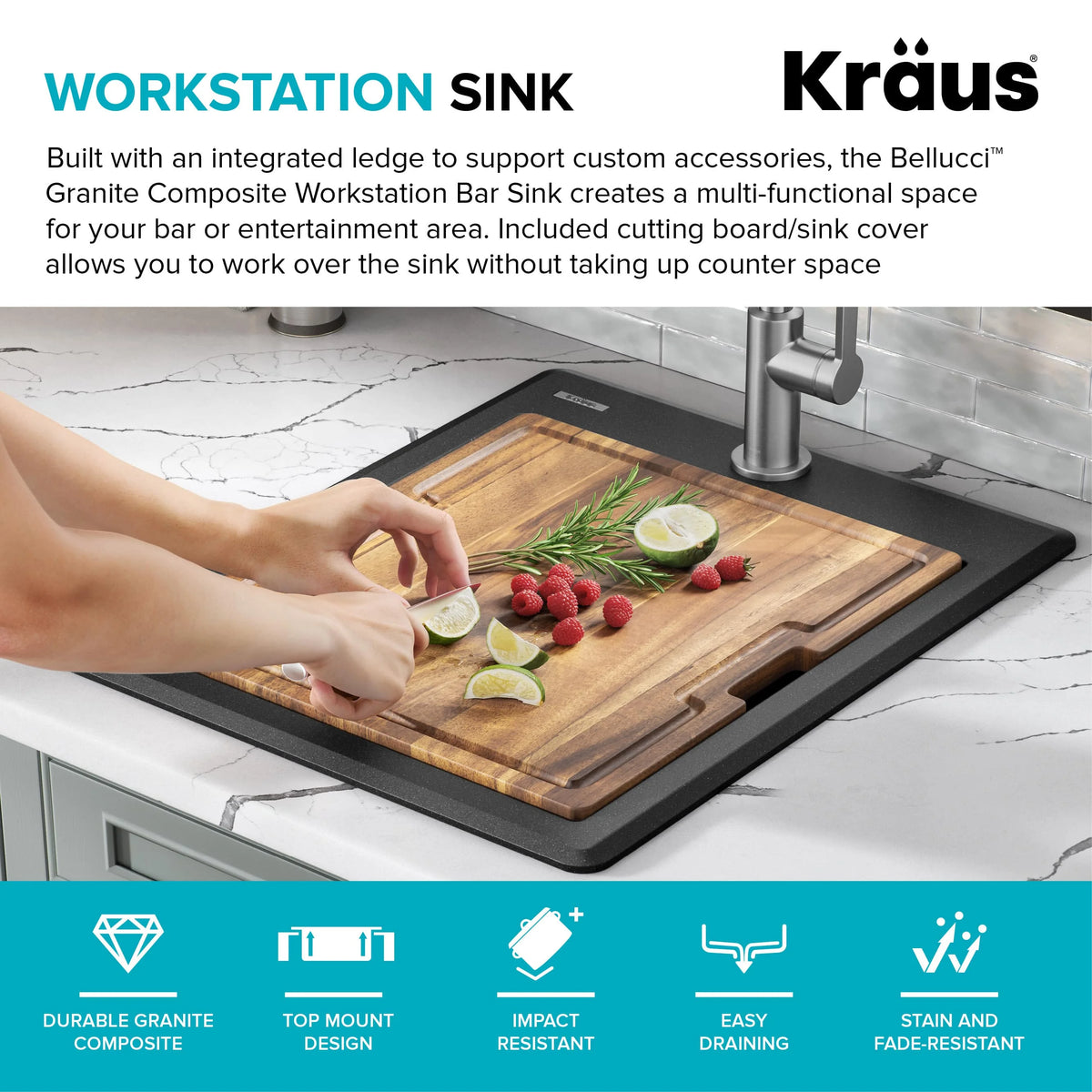 KRAUS Bellucci 18 Granite Composite Workstation Drop-In Top Mount Single Bowl Kitchen Bar Sink in White with Accessories