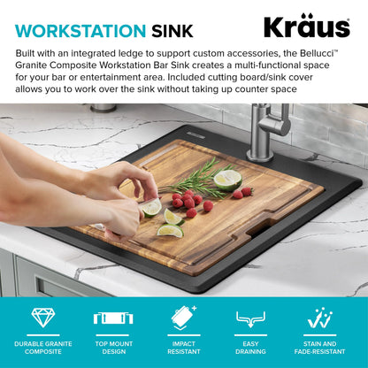 KRAUS Bellucci 18 Granite Composite Workstation Drop-In Top Mount Single Bowl Kitchen Bar Sink in White with Accessories