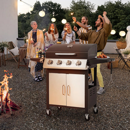 4-Burner Gas Grill with 4 Universal Wheels & Bottle Opener, 40000BTU Outdoor Grill with Side Table for Camping, Black & Sliver