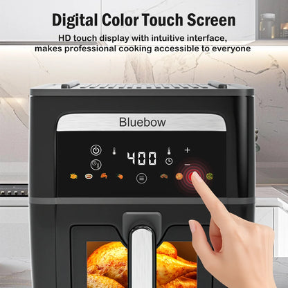 Bluebow 9QT  Air Fryer & Grill Pan Combo, Large Capacity, 8 Preset Functions, Non Toxic, Non-Stick, View Window, Black