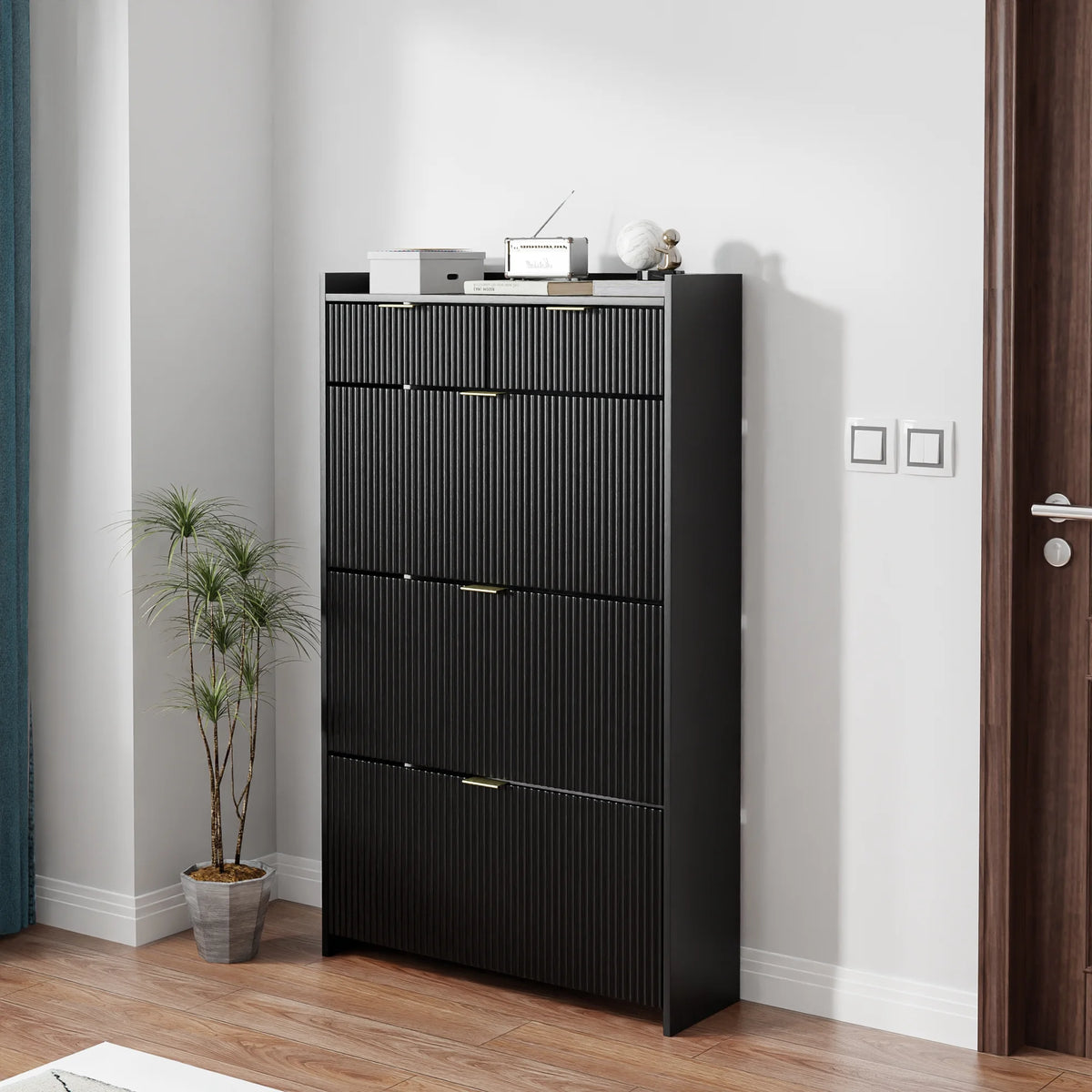 Shoe Cabinet, Free Standing Tipping Bucket Shoe Rack Organizer with 3 Flip Drawers, Modern Entryway Narrow Shoe Rack with 2 Drawers & Top Storage, for Hallway Bedroom, Walnut
