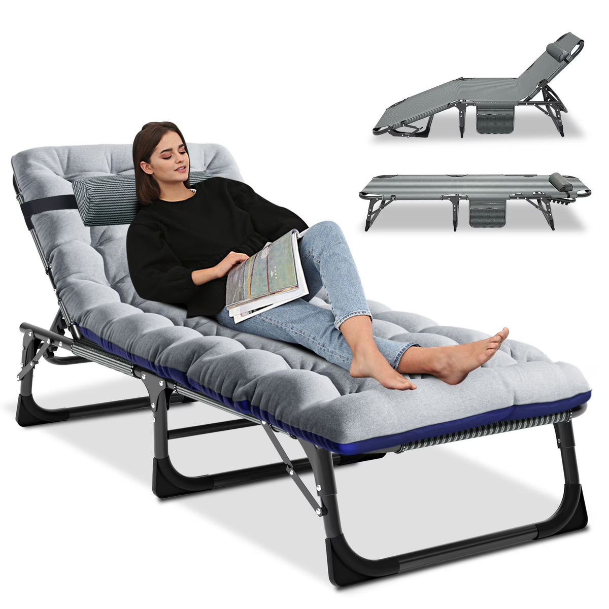 MOPHOTO Lounge Chair with Mattress, Outdoor Chaise Lounge Support 440 Lbs, Adjustable Portable Heavy Duty Sleeping Cots Bed for Camping, Pool, Beach, Patio