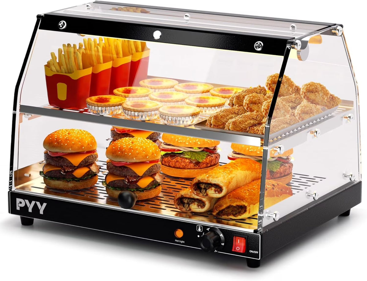 Commercial Food Warmer Display, 2-Tier Electric Countertop Food Warmer with LED Lighting Adjustable Glass Door, Pastry Display Case for Buffet Restaurant Black
