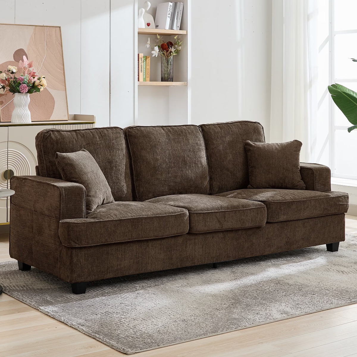 Korser 89" Chenille Sofa 3 Seater Couch with Extra Upholstered Deep Seats for Living Room,Removable Cover,Beige