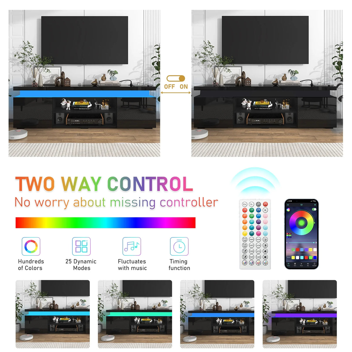 LED TV Stand for up to 85" TVs with Power Outlet, 75" Large Entertainment Center Console Table Gaming Soundbar Shelf with 2 Storage Cabinets